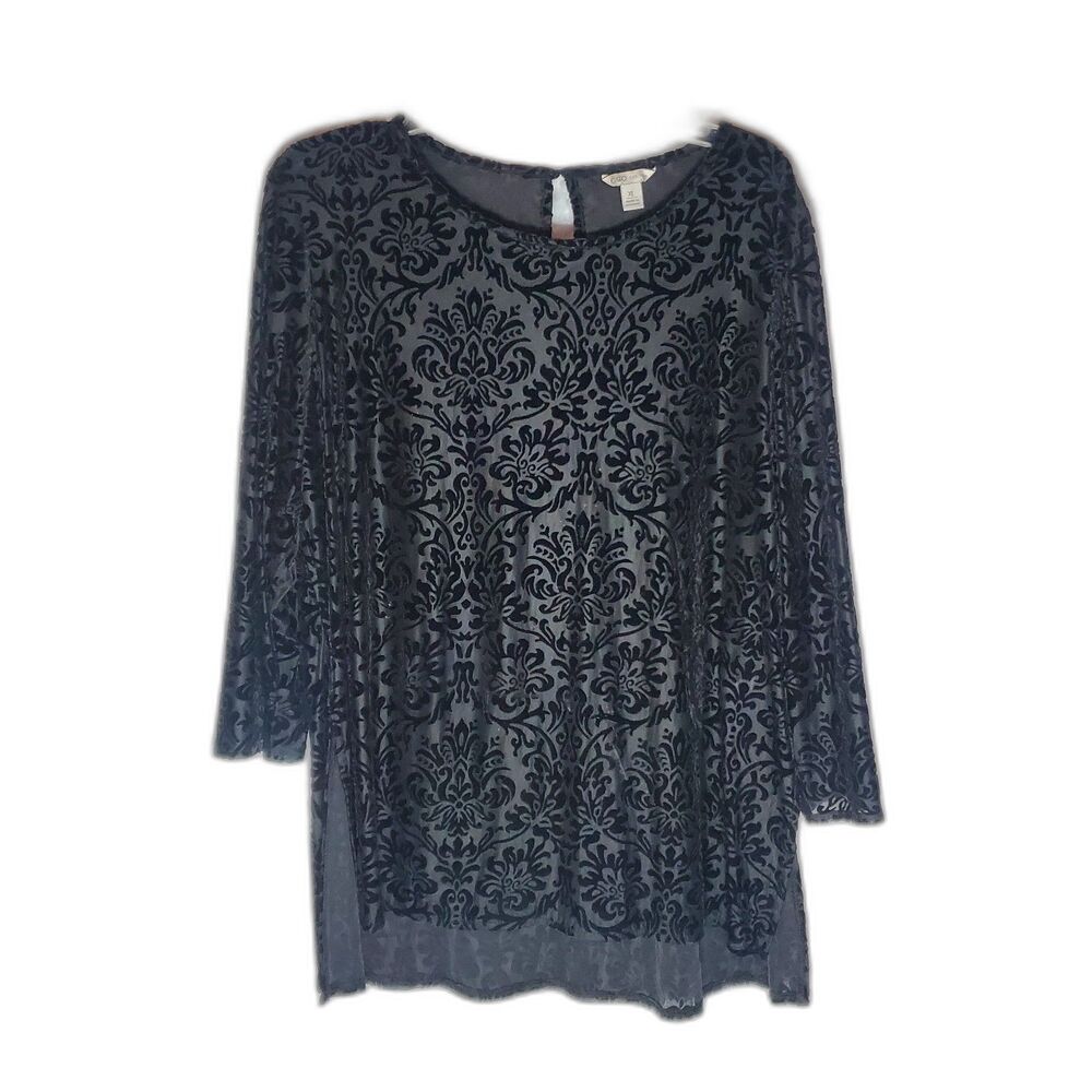 Vintage Black Lace Mock Neck Sheer Top Size XL